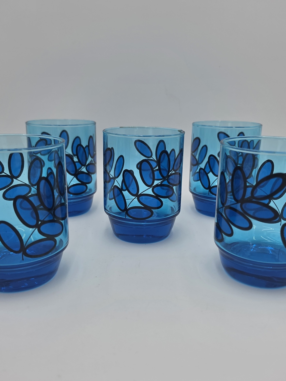 Vintage Mid‑Century J. Wm. Hale Cobalt Blue Leaf Print Lowball Glasses – Set of